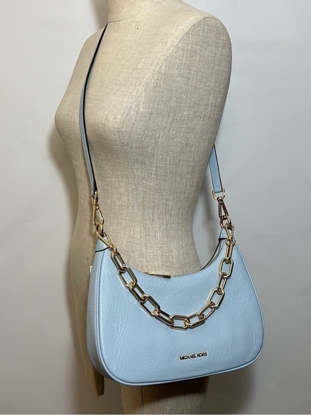 Brand New! Michael Kors Baby Blue Pebble Leather Crossbody Bag with Gold Chain